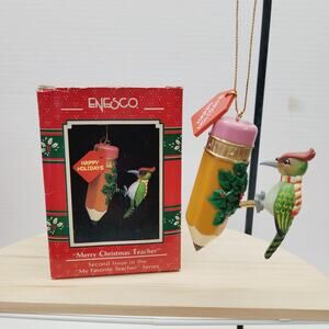 Vintage 1990 Woodpecker Pencil Enesco Treasury of Christmas Ornament Lustre Fame